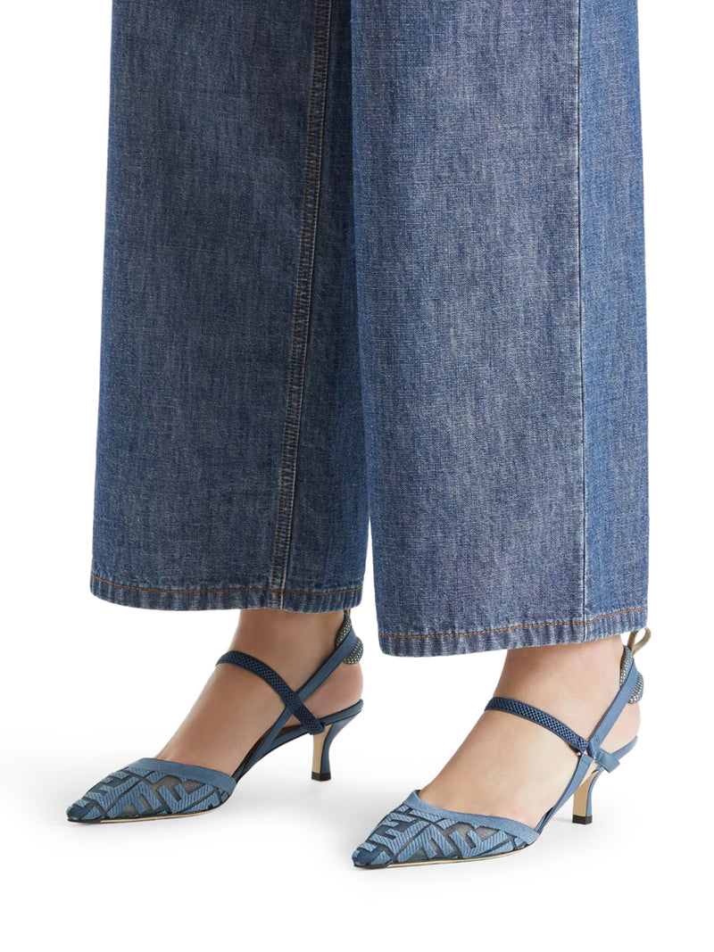 Fendi Women Colibrì Lite Slingback With Medium Heel In Mesh With Ff Embroidery In Blue