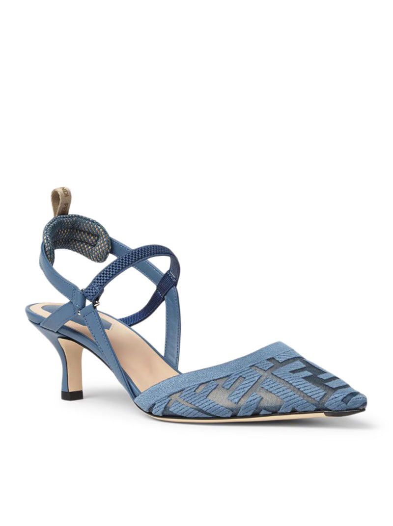 Fendi Women Colibrì Lite Slingback With Medium Heel In Mesh With Ff Embroidery In Blue