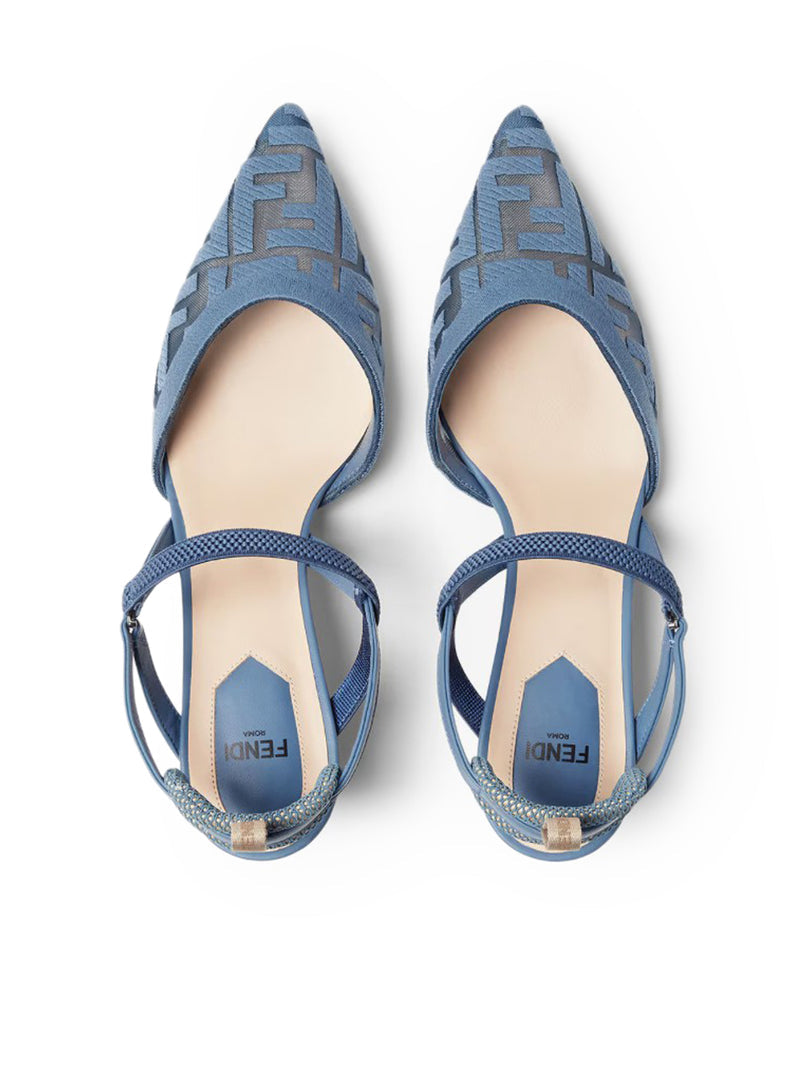 Fendi Women Colibrì Lite Slingback With Medium Heel In Mesh With Ff Embroidery In Blue