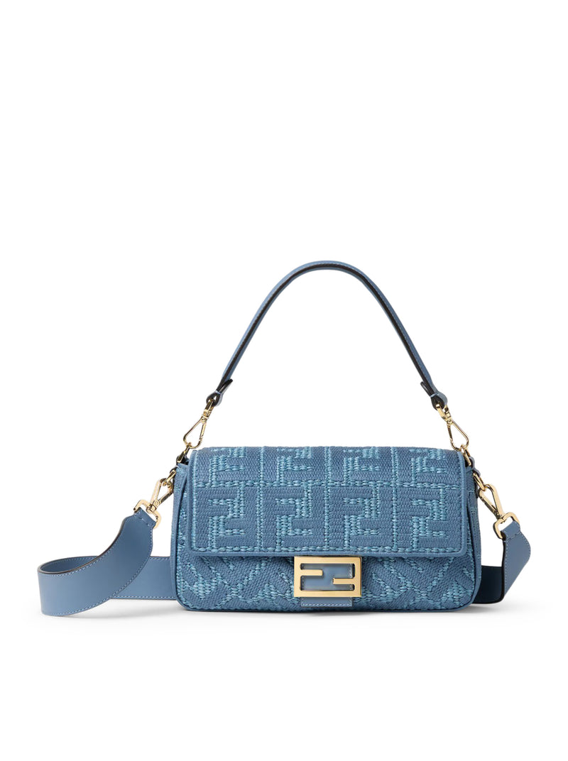 Fendi Women Baguette Bag In Woven Raffia With Blue Ff Embroidery