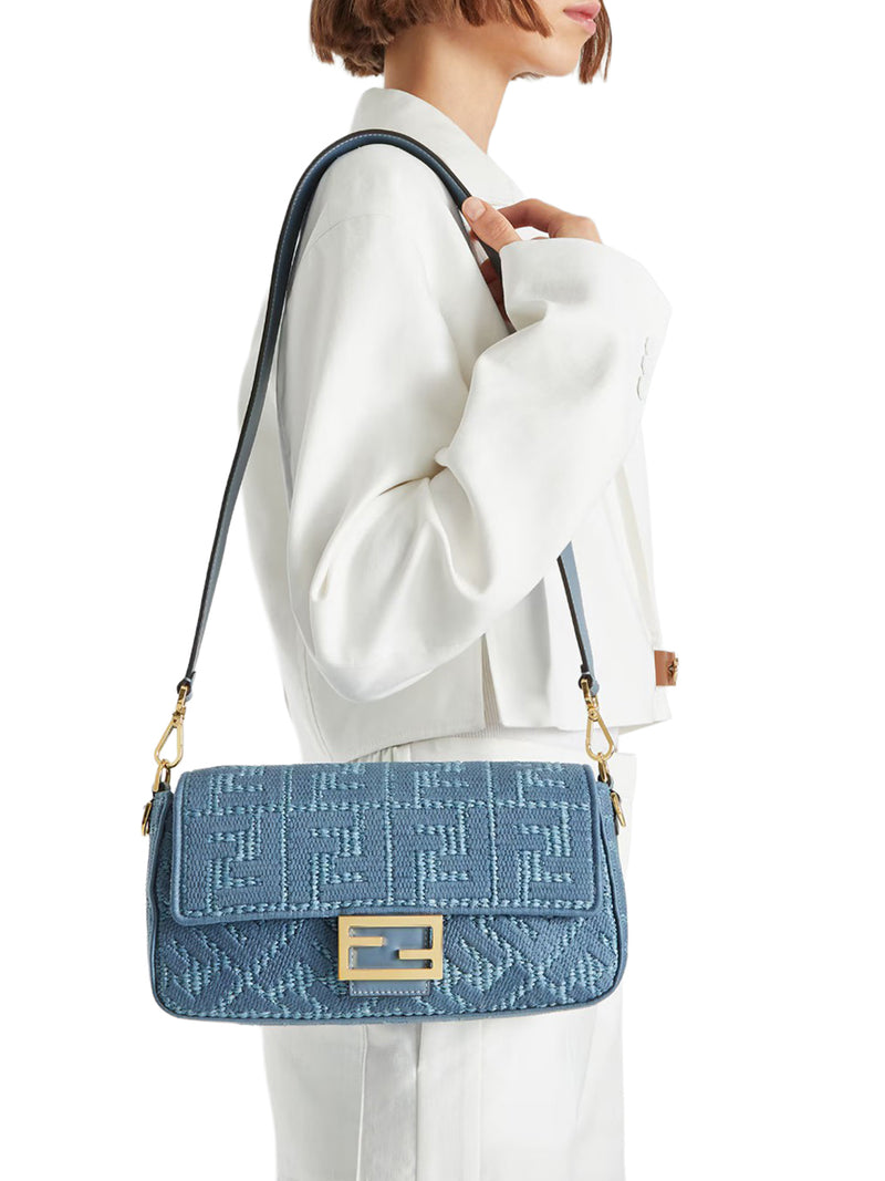 Fendi Women Baguette Bag In Woven Raffia With Blue Ff Embroidery