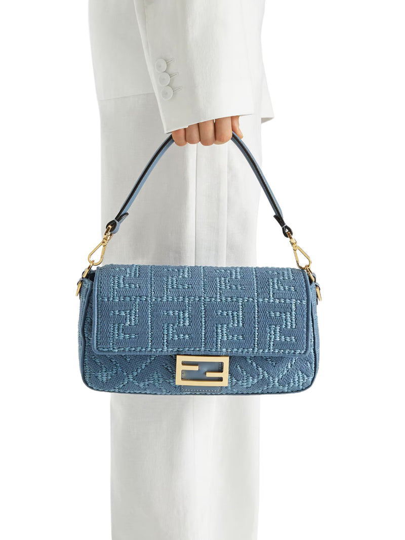 Fendi Women Baguette Bag In Woven Raffia With Blue Ff Embroidery