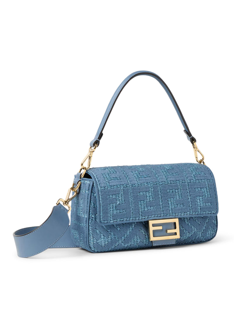Fendi Women Baguette Bag In Woven Raffia With Blue Ff Embroidery