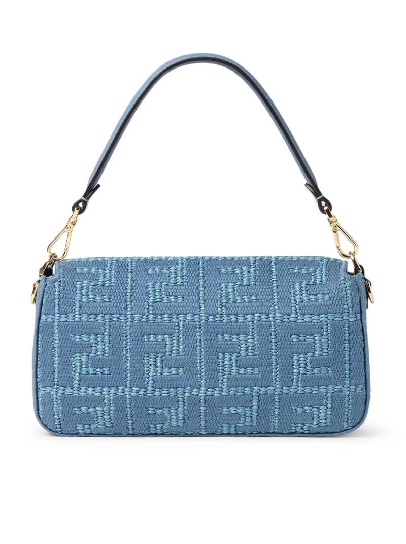 Fendi Women Baguette Bag In Woven Raffia With Blue Ff Embroidery