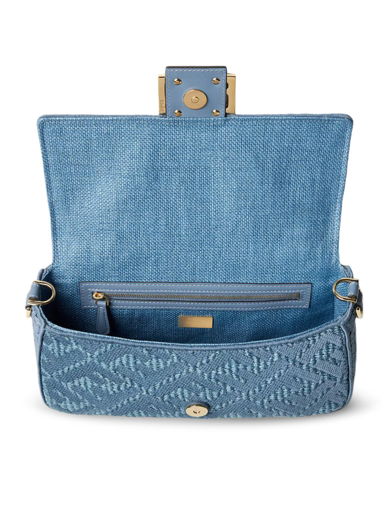Fendi Women Baguette Bag In Woven Raffia With Blue Ff Embroidery