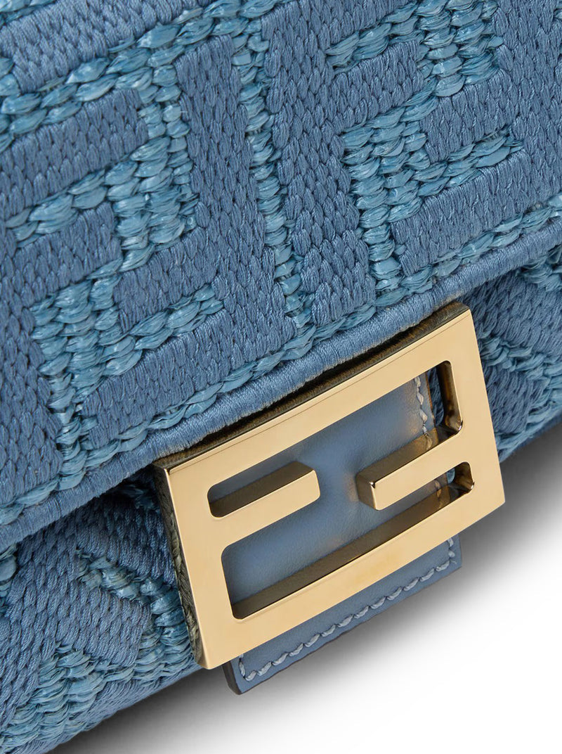 Fendi Women Baguette Bag In Woven Raffia With Blue Ff Embroidery