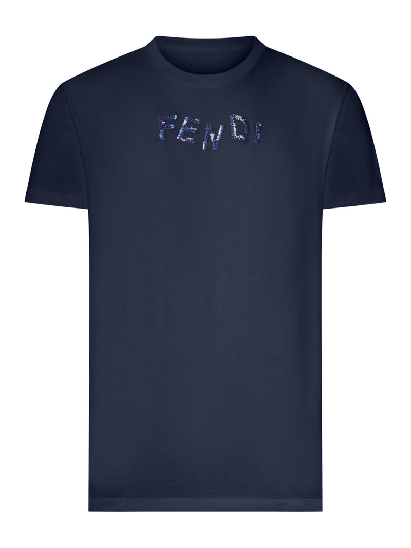 Fendi Men Blue Cotton T-Shirt With Front Logo