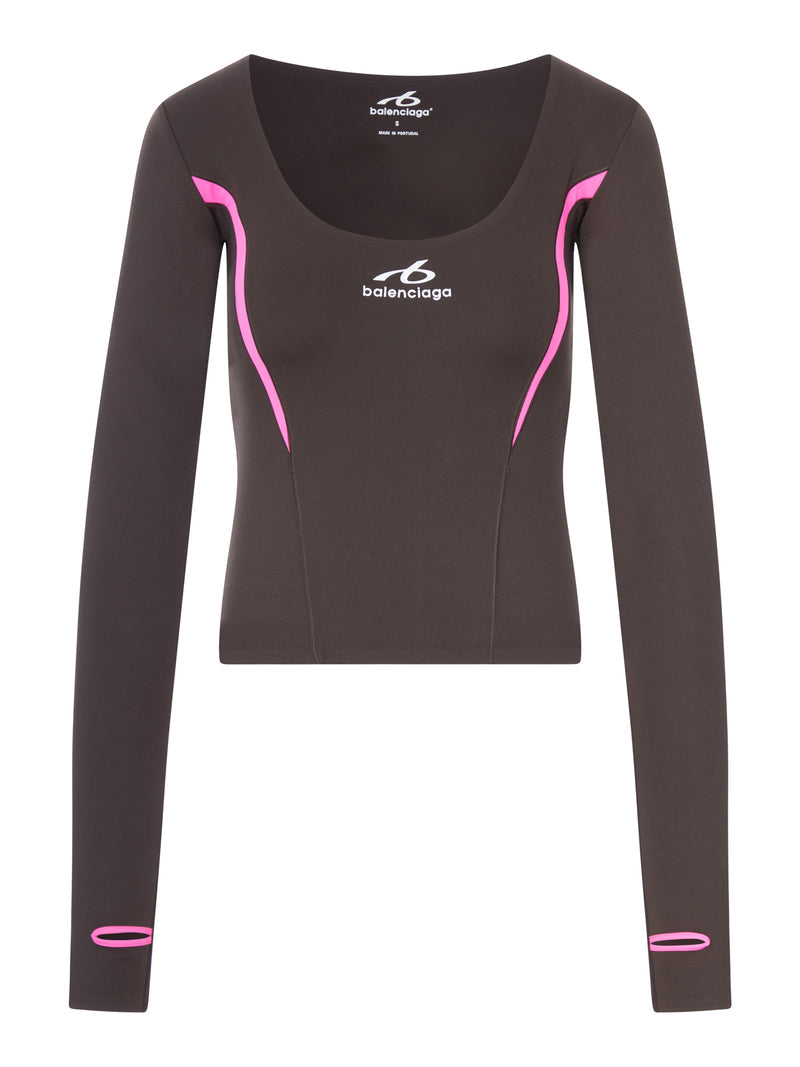 Balenciaga Women Techwear Long-Sleeved Top In Technical Fabric In Khaki Brown And Fluorescent Pink