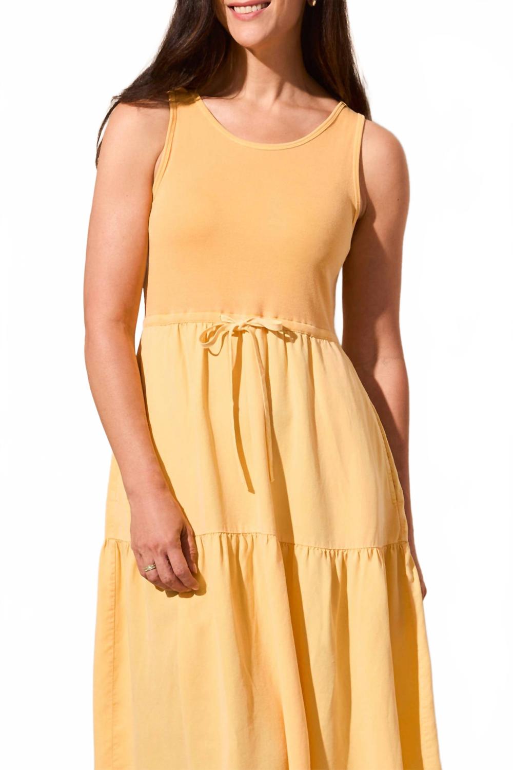 Mixed Media Tiered Midi Sleveless Dress In Tangerine