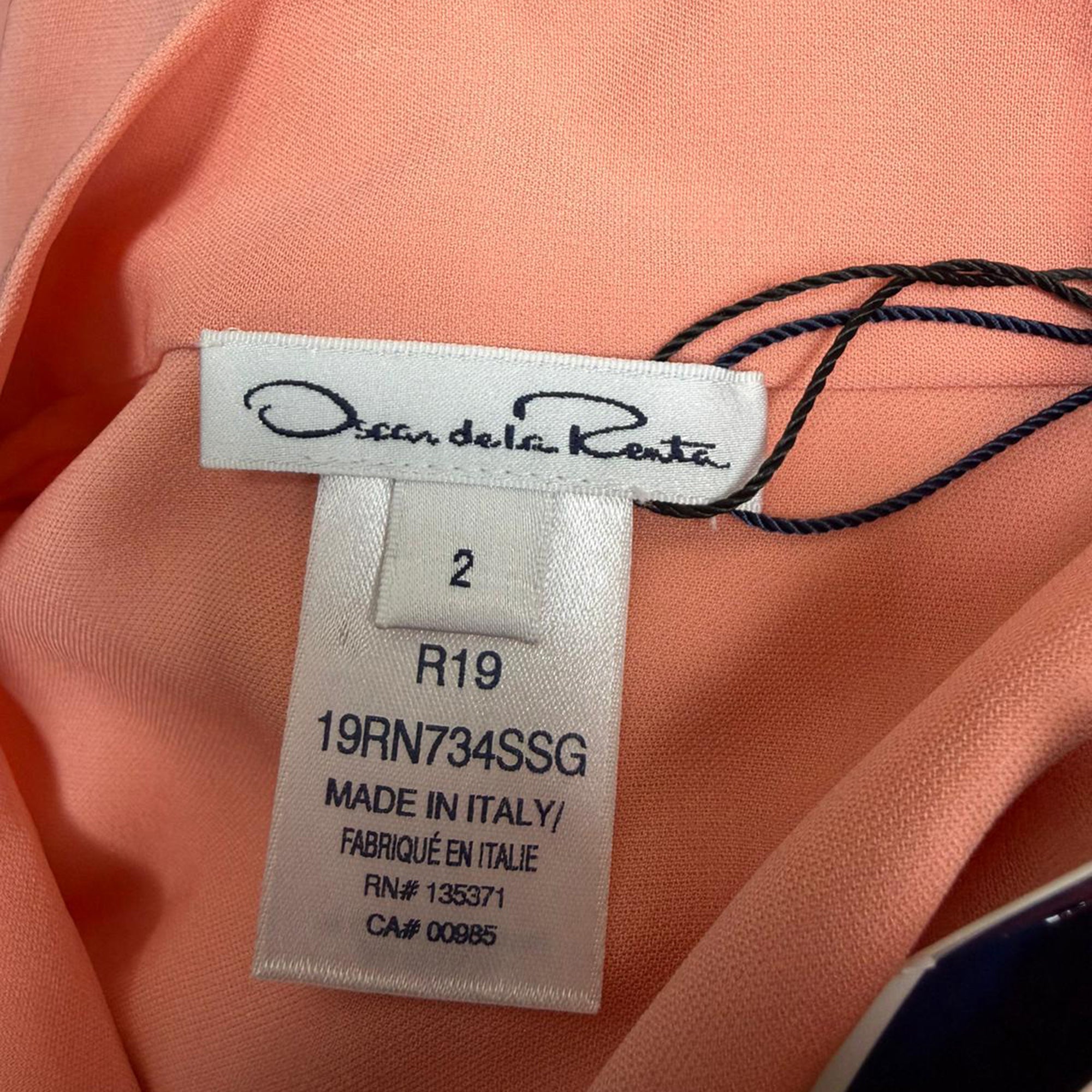 Oscar De La Renta Tie Neck Short Sleeve Blouse in Coral Silk