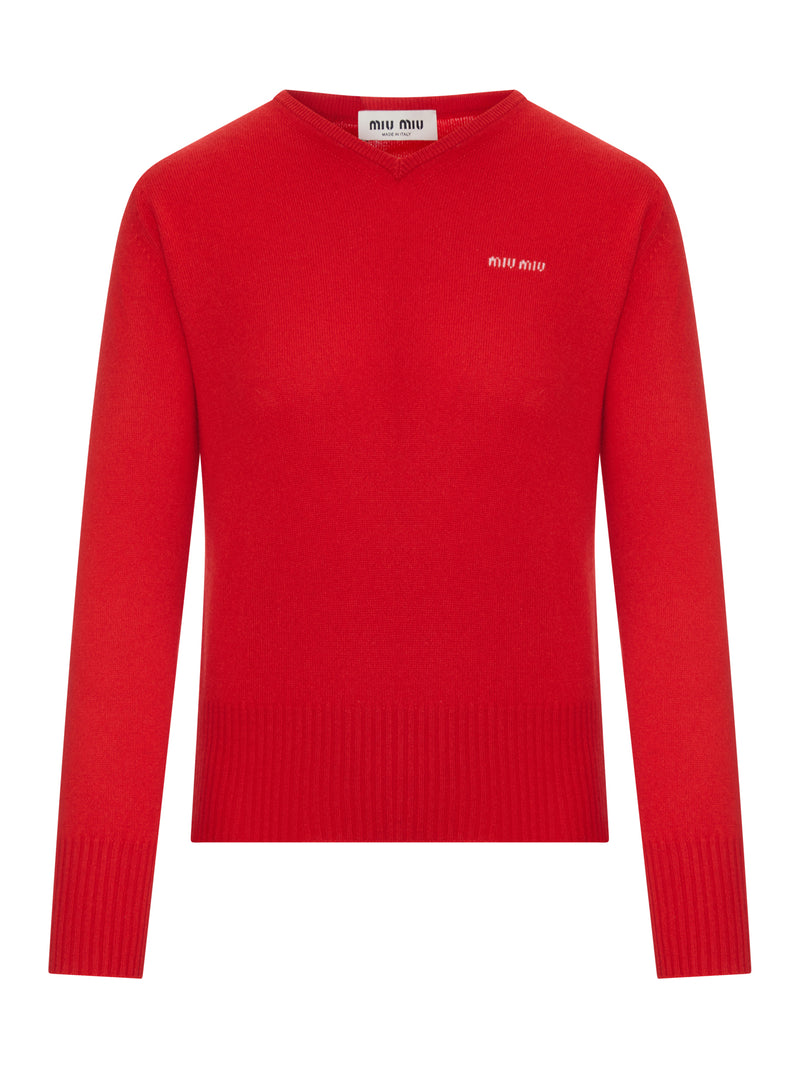 Miu Miu Women Cashmere V-Neck Sweater With Logo