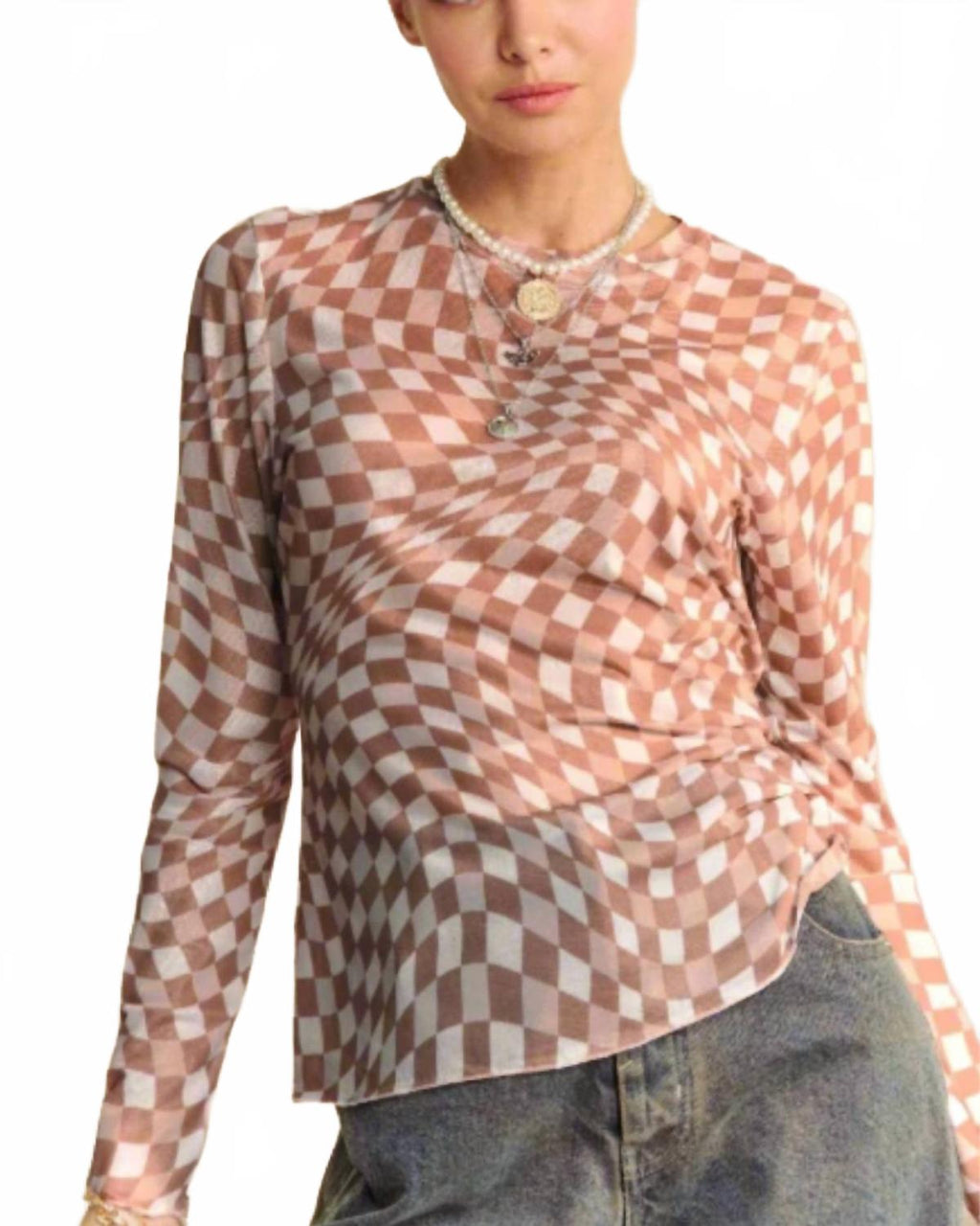 Checkered Burnout Top In Mocha Mousse