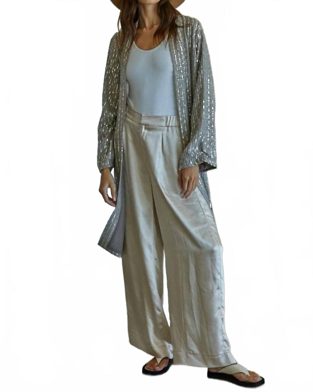 Woven Sequin Open Front Cardigan In Dove Grey