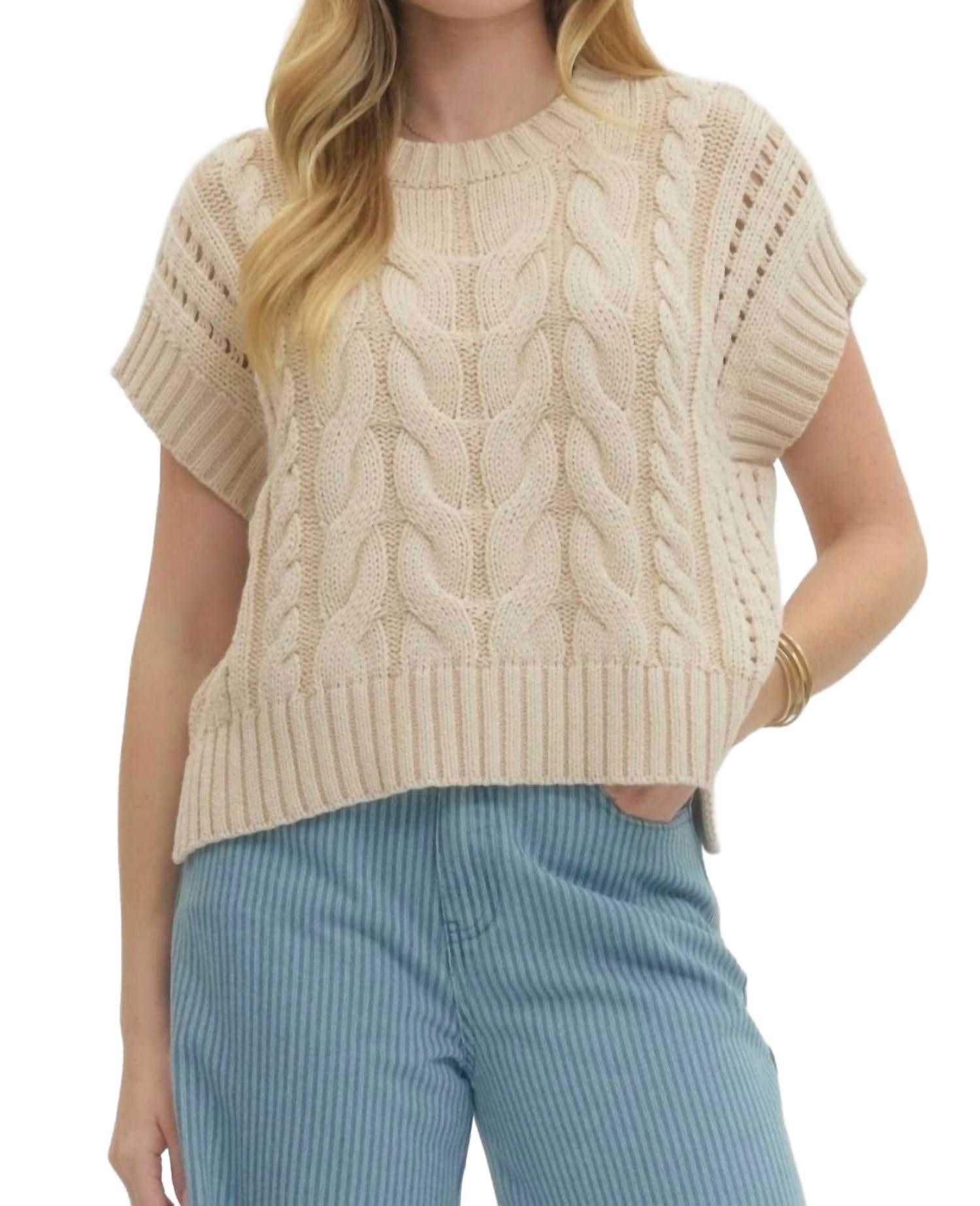 Alice Cable Knit Short Sleeve Sweater In Oatmeal