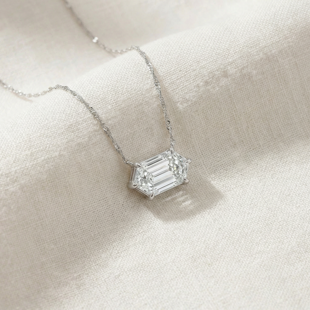 Certified 1.10Ct Long Hexagon Diamond East West Pendant Gold Necklace Lab Grown