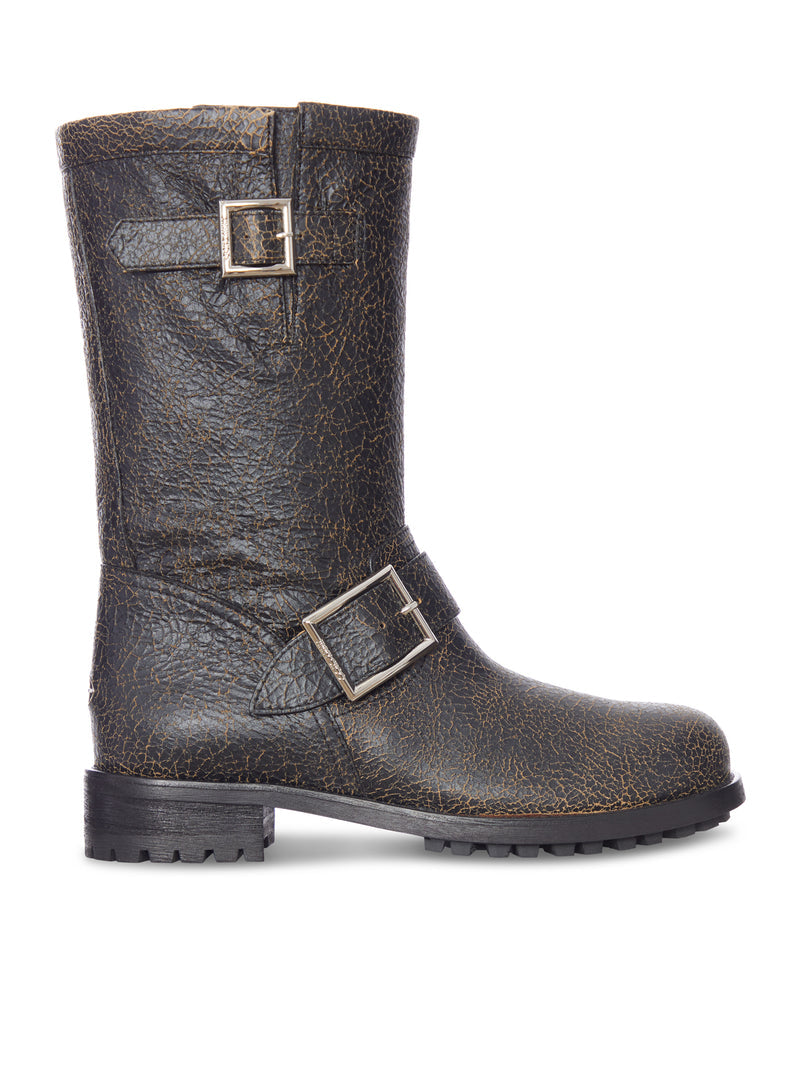 Jimmy Choo Women Crackled Leather Biker Boots With Buckles