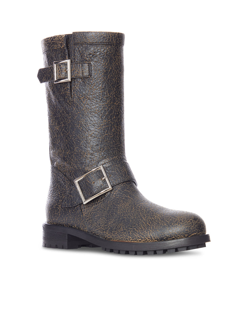 Jimmy Choo Women Crackled Leather Biker Boots With Buckles