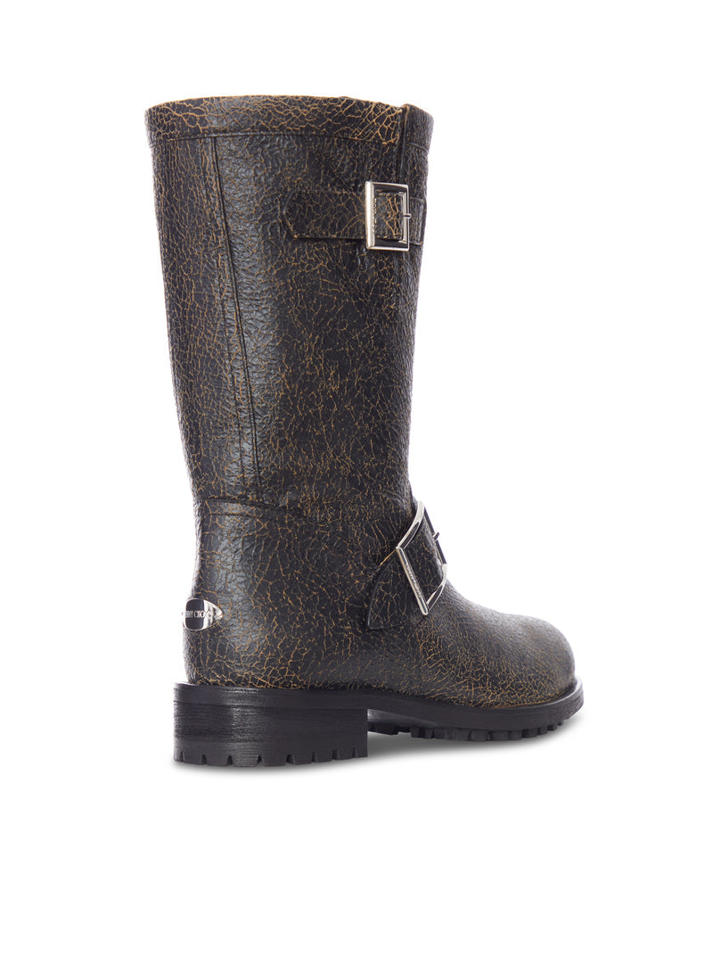 Jimmy Choo Women Crackled Leather Biker Boots With Buckles