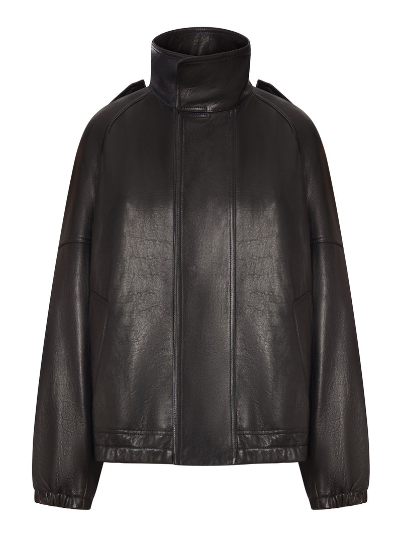 Saint Laurent Women Oversized Leather Jacket With High Collar
