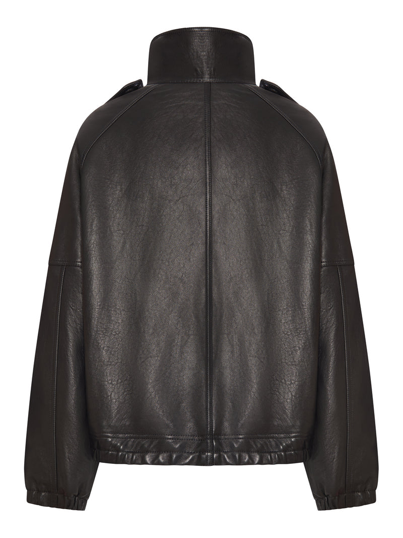 Saint Laurent Women Oversized Leather Jacket With High Collar