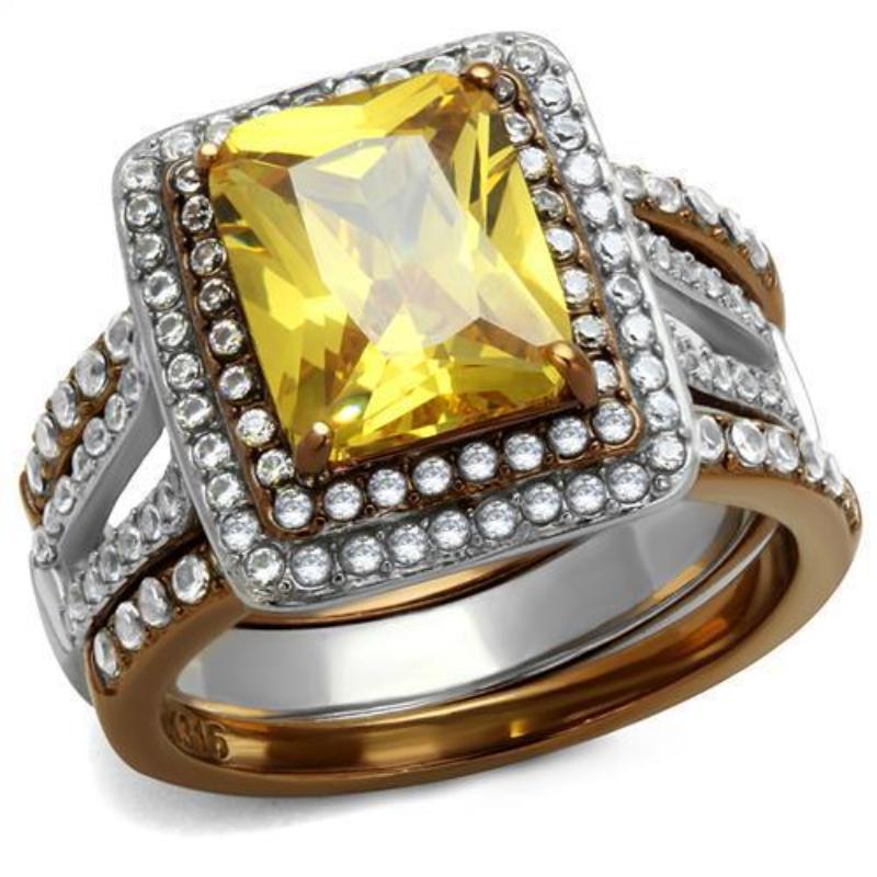Two Tone IP Light Brown (IP Light coffee) Stainless Steel Ring with AAA Grade CZ in Topaz