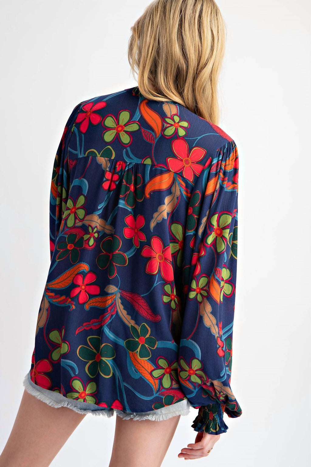 Peach Blossom Floral Gauze Top In Navy