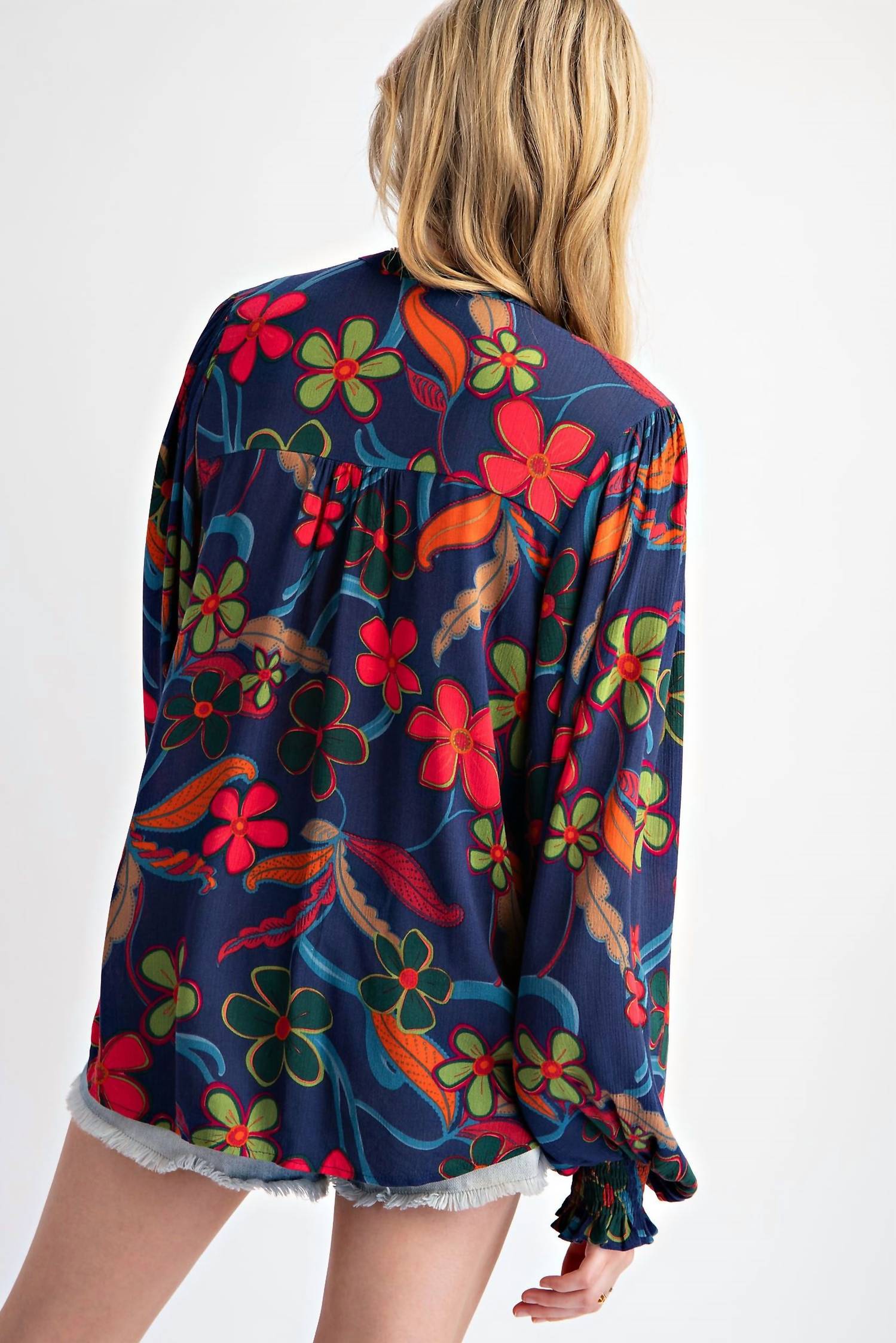 Peach Blossom Floral Gauze Top In Navy