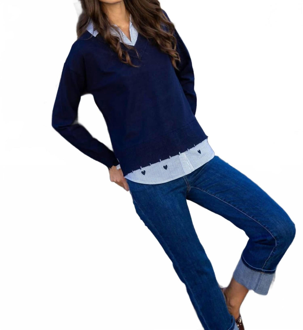 Margaret Layered Poplin Sweater In Navy