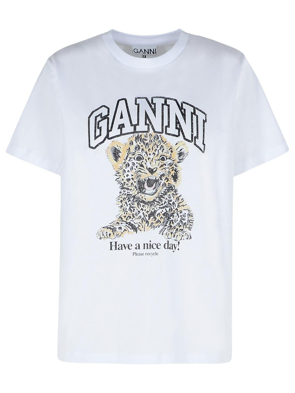 Ganni 'Leopard' White Cotton T-Shirt Women