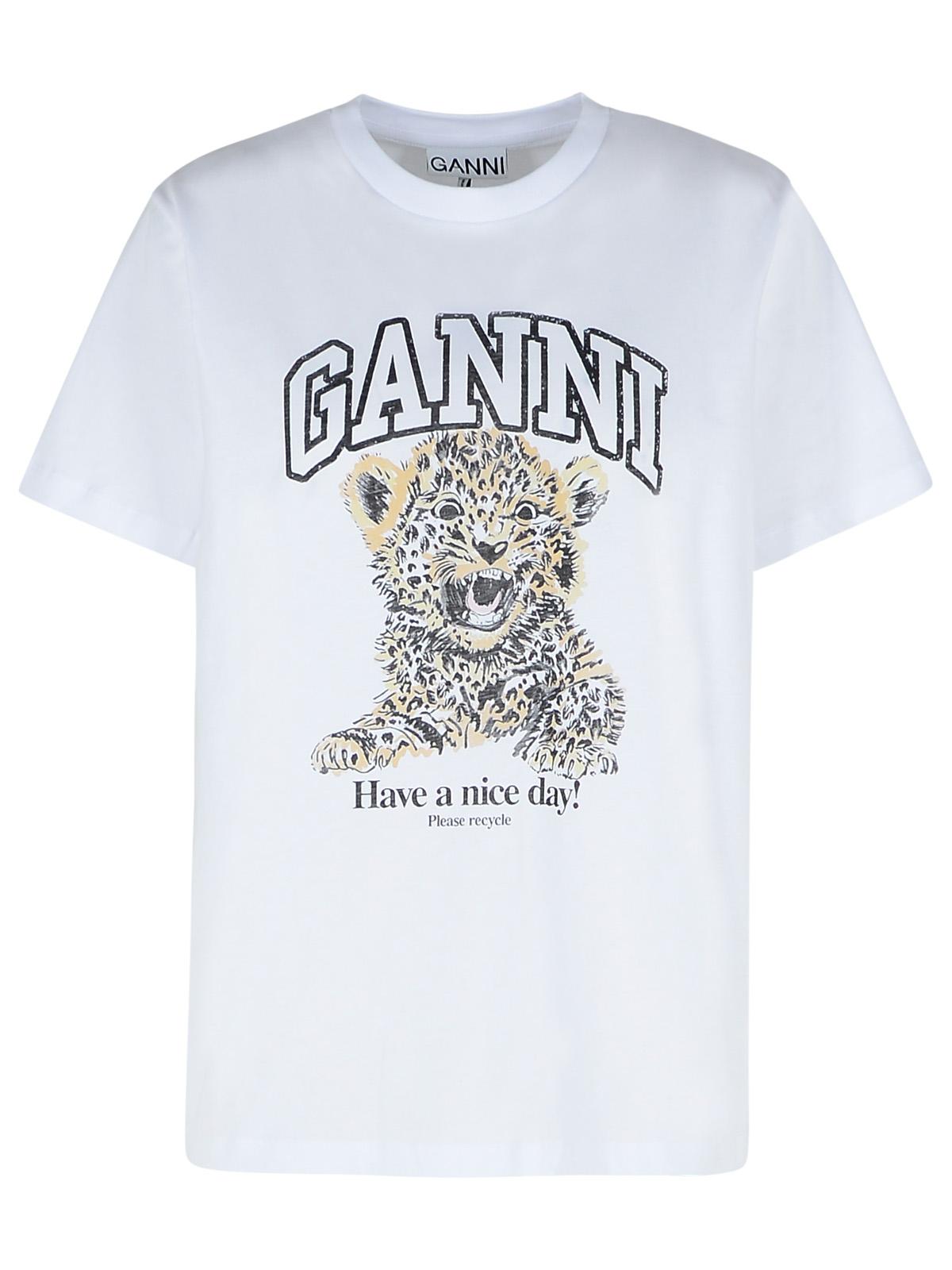 Ganni 'Leopard' White Cotton T-Shirt Women