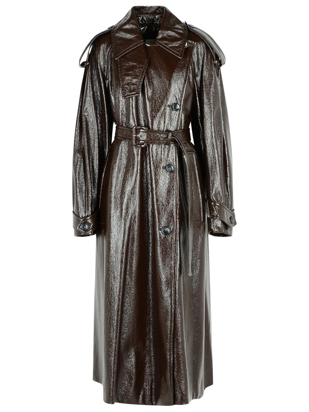 Sportmax Long 'Bairo' Patent Effect Trench Coat In Coffee Cotton Women