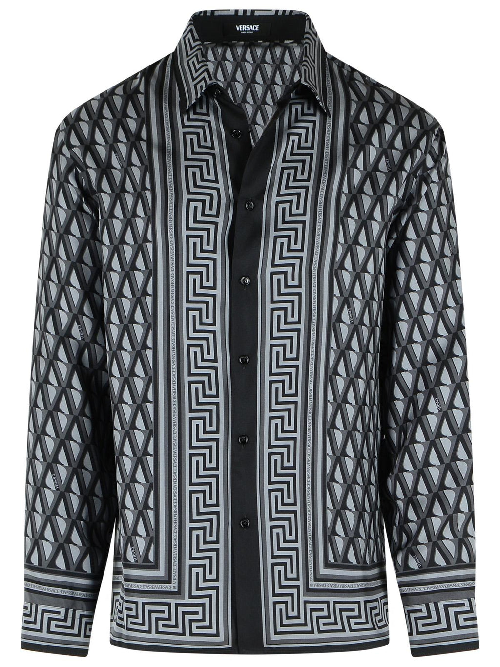 Versace Slim Shirt In Black And Gray Printed Silk Twill Men