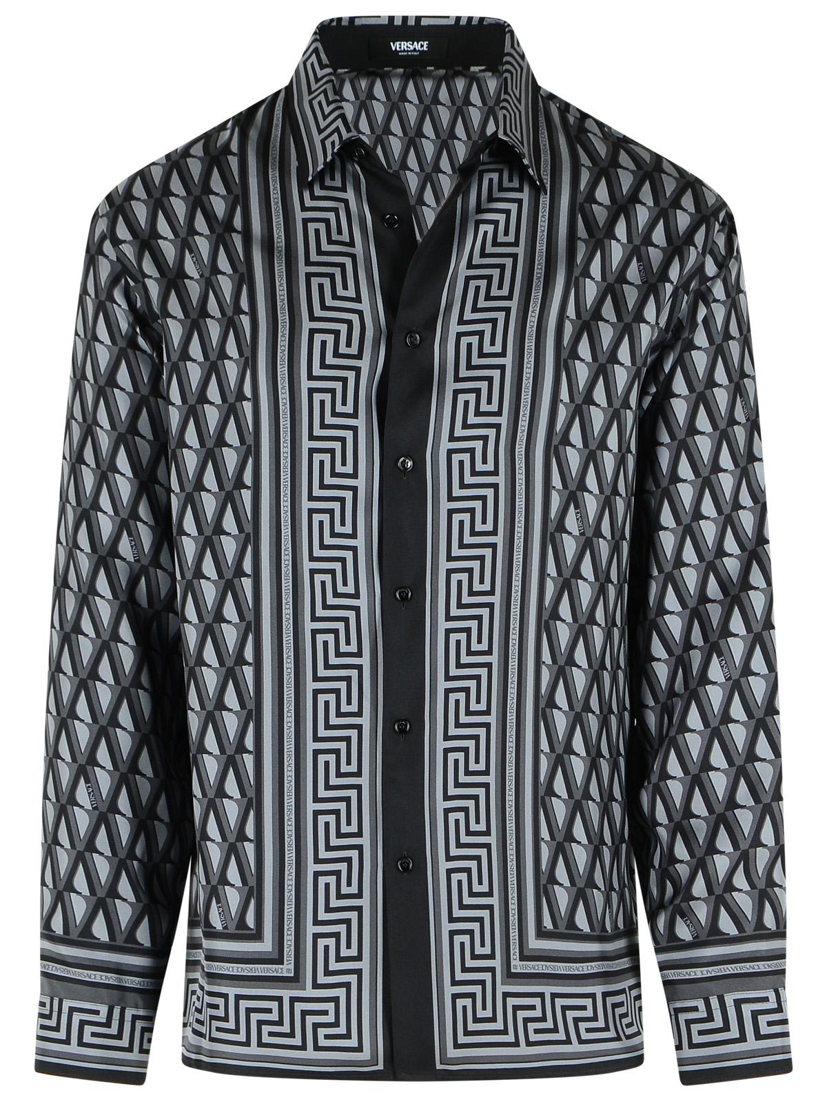 Versace Slim Shirt In Black And Gray Printed Silk Twill Men