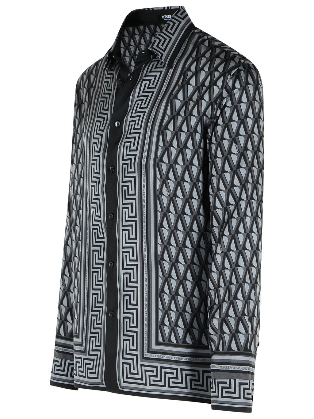 Versace Slim Shirt In Black And Gray Printed Silk Twill Men
