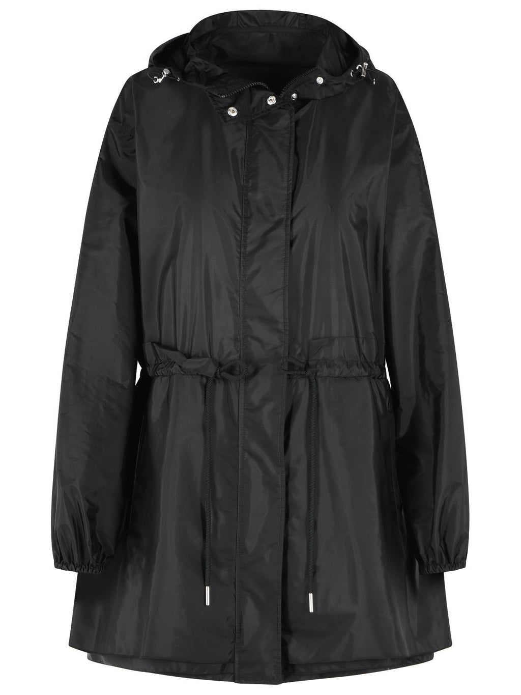 Moncler Weteau' Black Nylon Midi Jacket With Hood And Ruffles Women