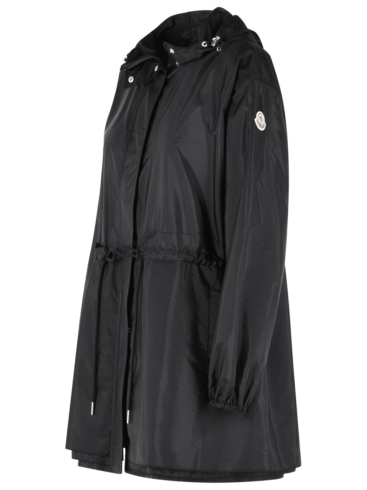 Moncler Weteau' Black Nylon Midi Jacket With Hood And Ruffles Women