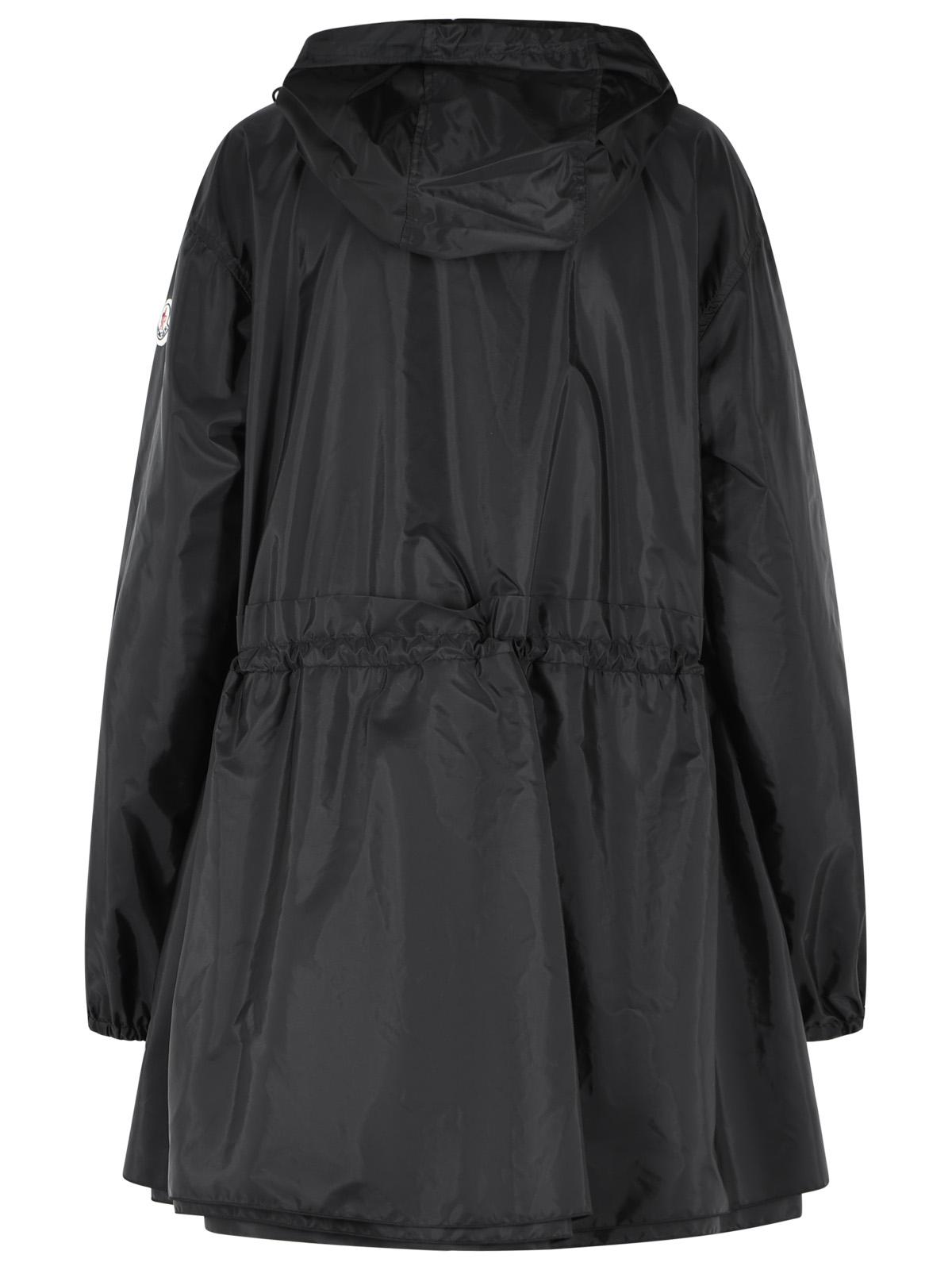 Moncler Weteau' Black Nylon Midi Jacket With Hood And Ruffles Women