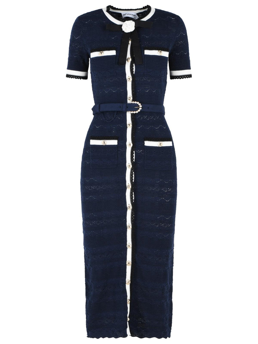 Self Portrait Navy Cotton Blend Openwork Knit Midi Dress Women