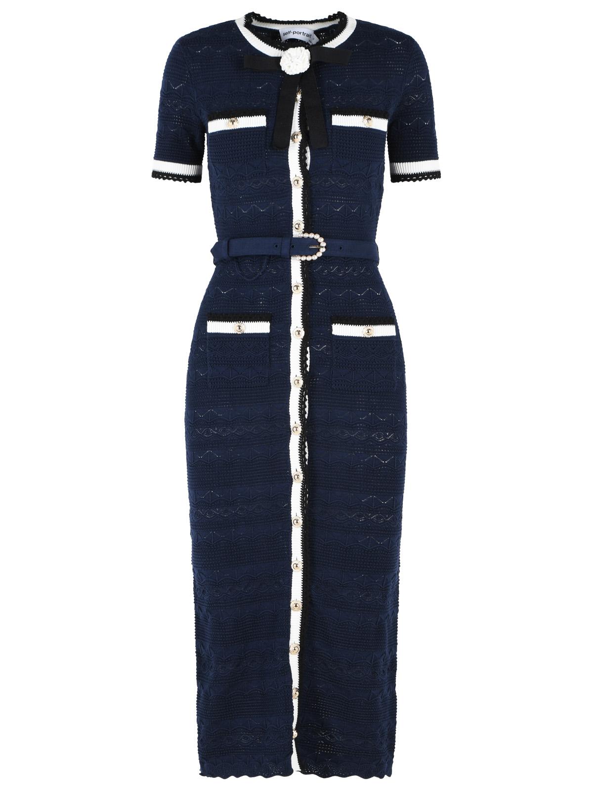 Self Portrait Navy Cotton Blend Openwork Knit Midi Dress Women