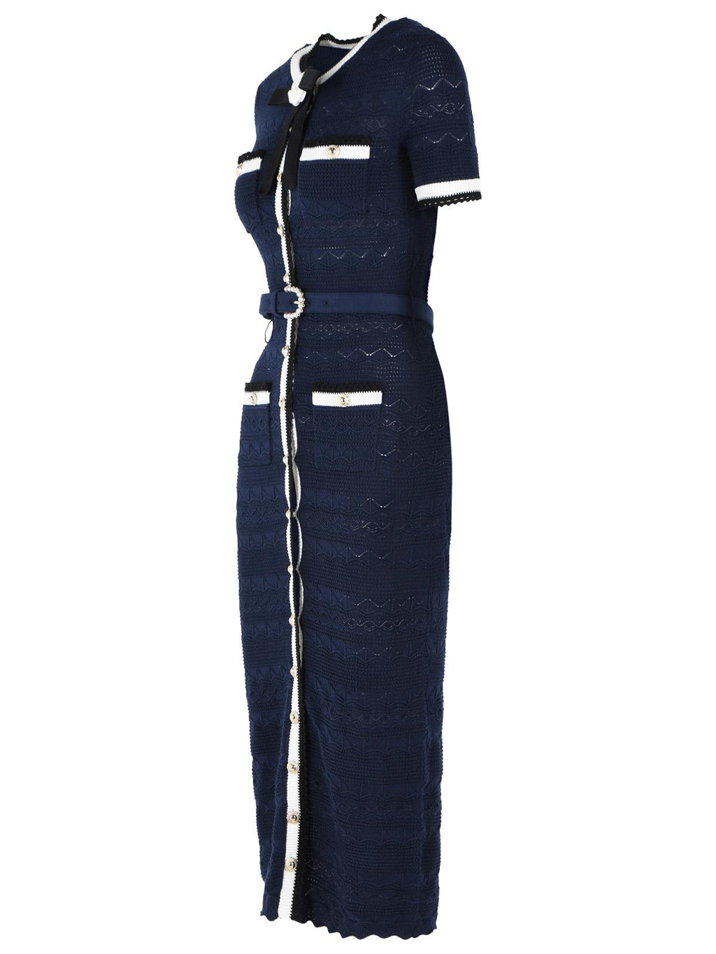 Self Portrait Navy Cotton Blend Openwork Knit Midi Dress Women