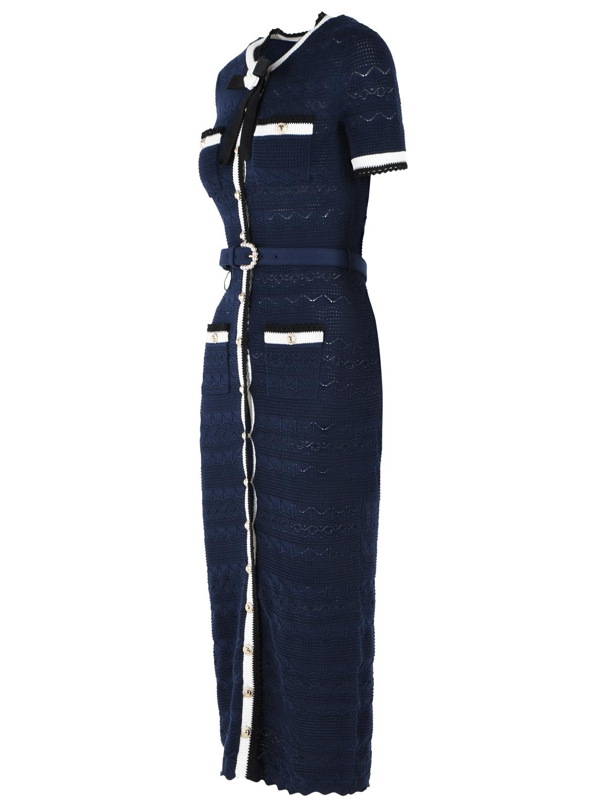 Self Portrait Navy Cotton Blend Openwork Knit Midi Dress Women