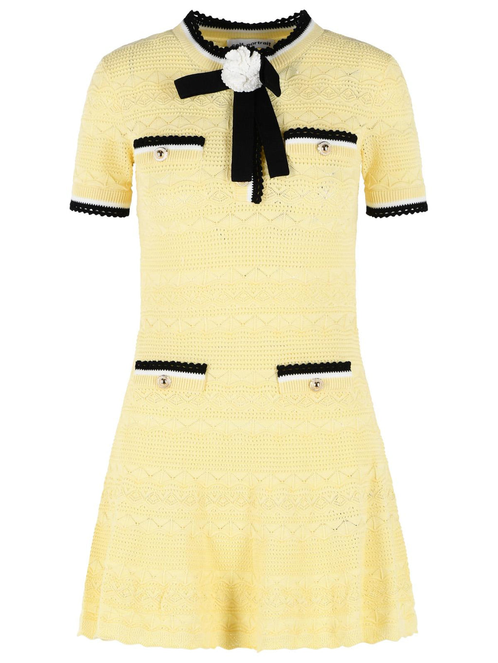 Self Portrait Yellow Cotton Blend Openwork Knit Mini Dress Women