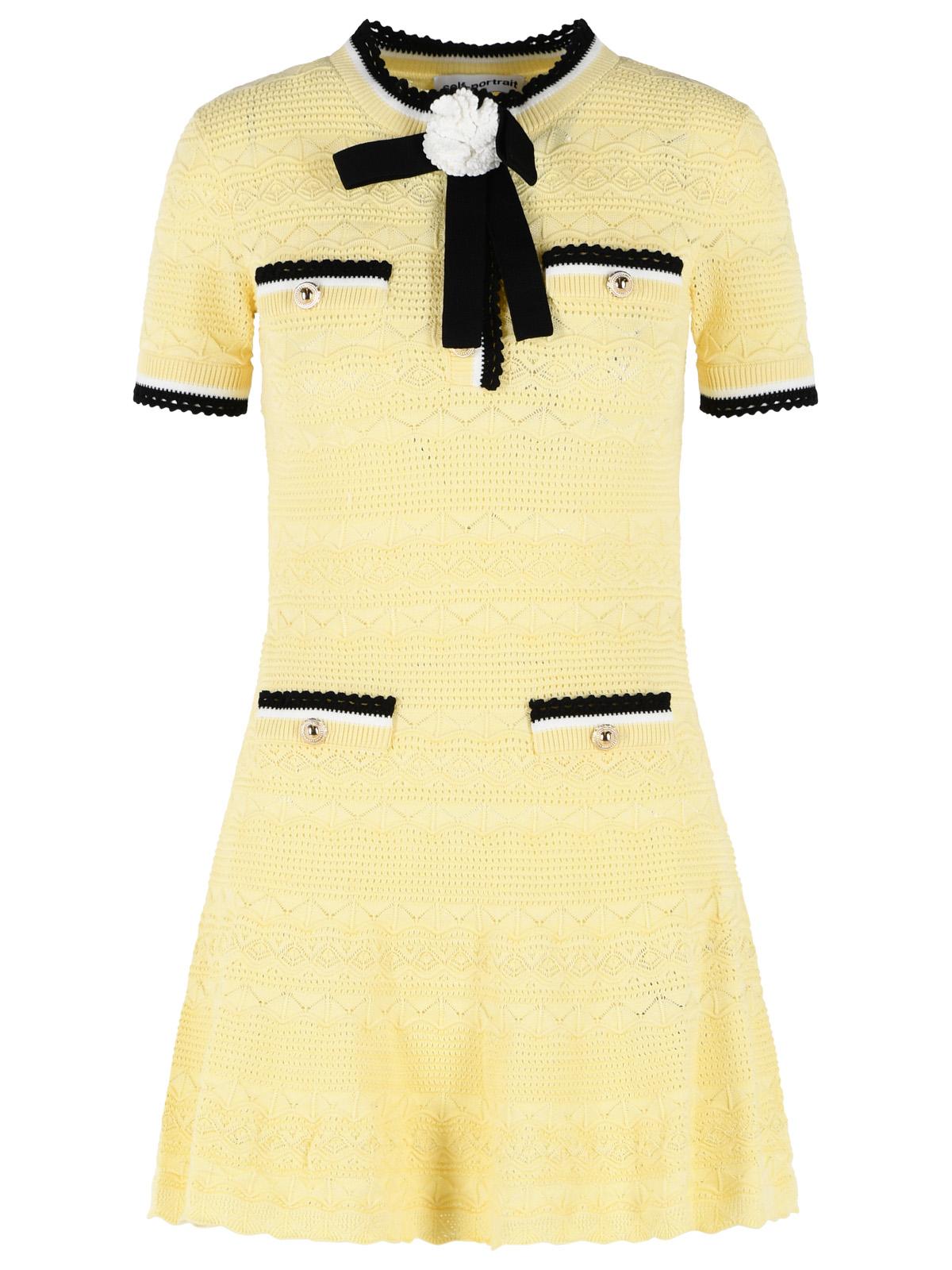 Self Portrait Yellow Cotton Blend Openwork Knit Mini Dress Women