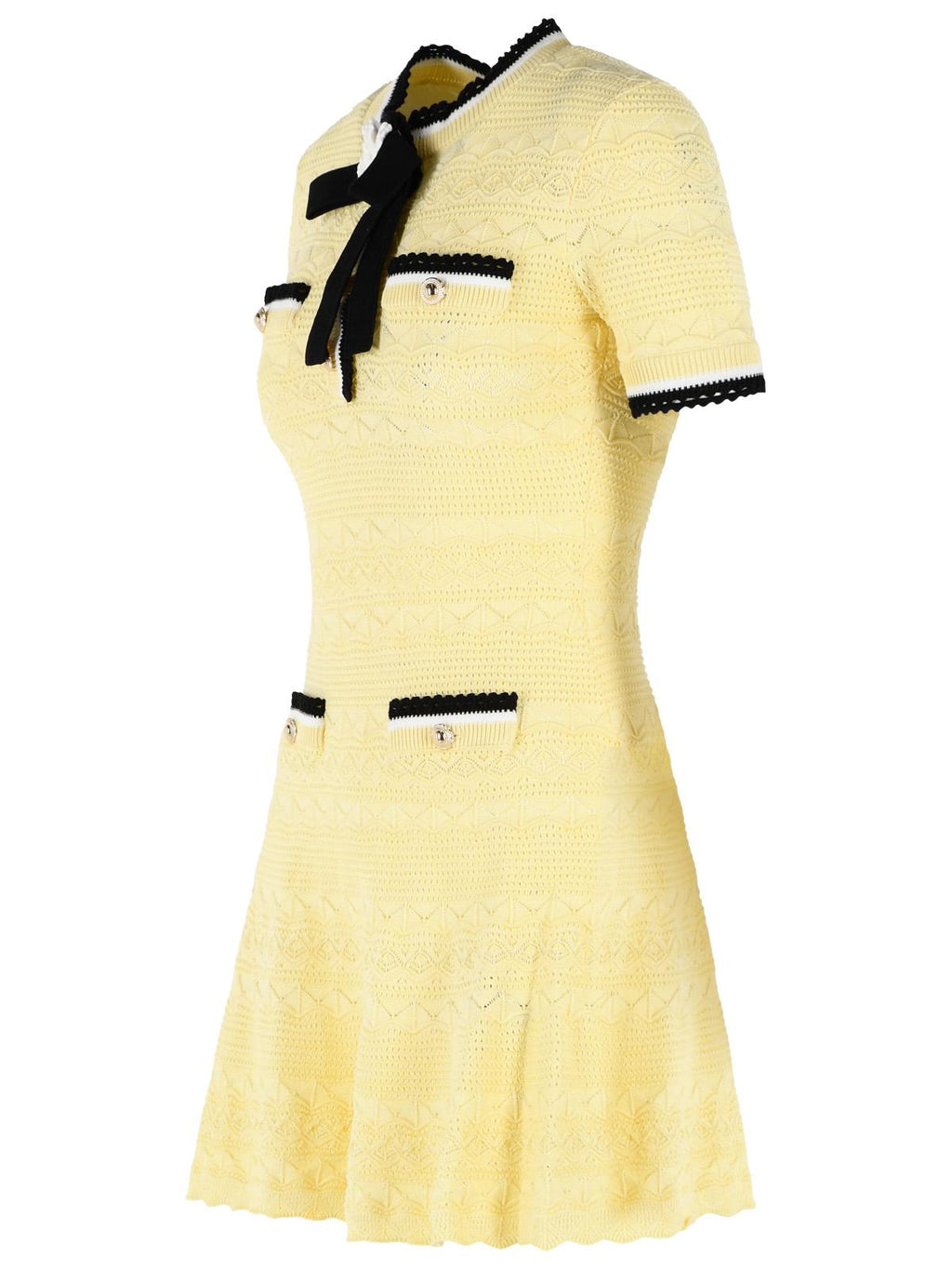 Self Portrait Yellow Cotton Blend Openwork Knit Mini Dress Women
