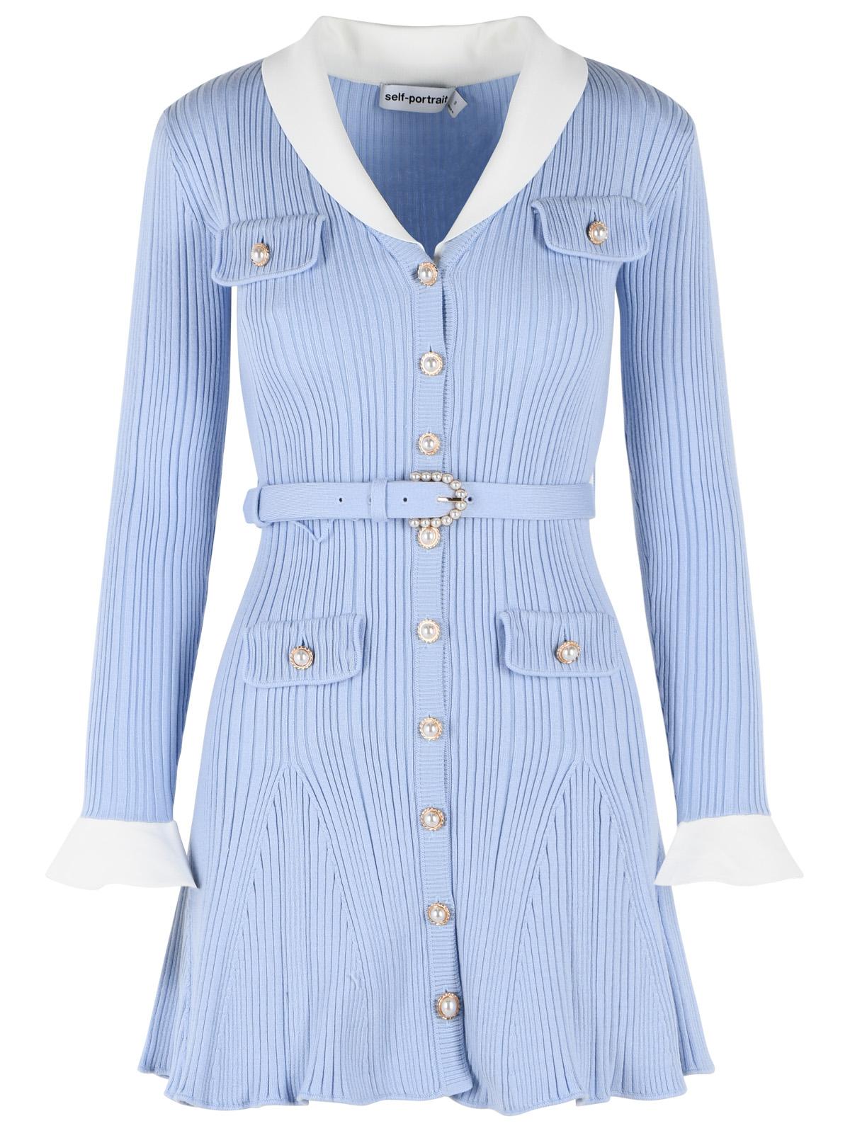 Self Portrait Ribbed Mini Dress In Light Blue Viscose Blend Women