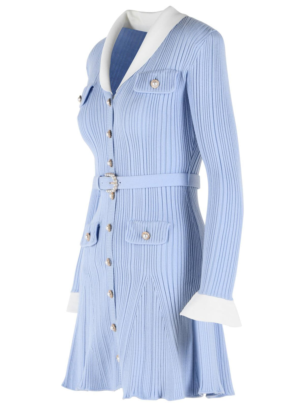 Self Portrait Ribbed Mini Dress In Light Blue Viscose Blend Women