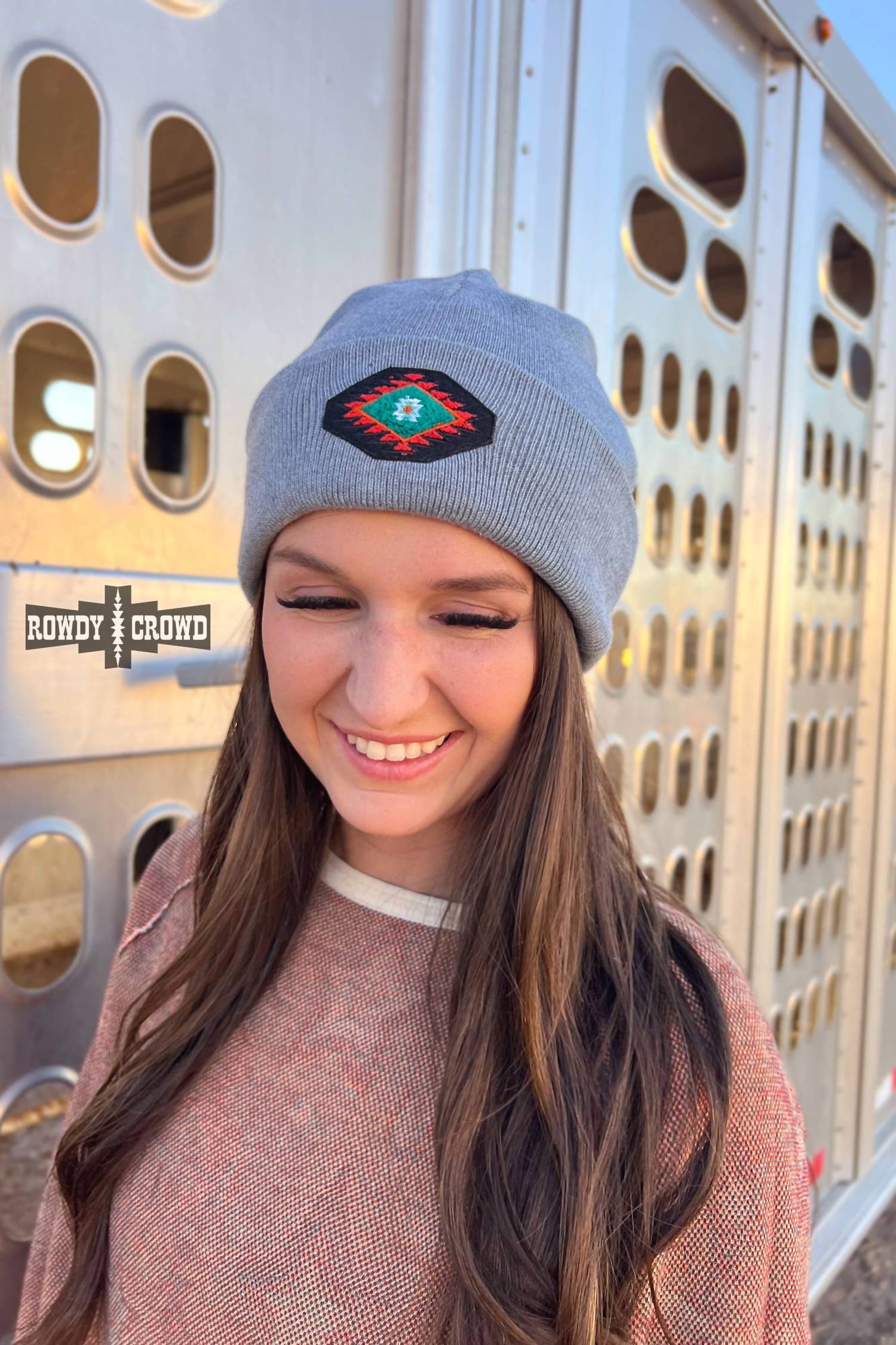 Women's Alvarado Aztec Embroidered Beanie Hat In Grey