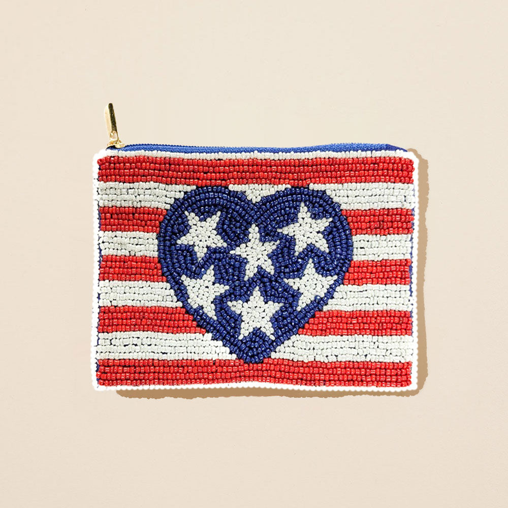 American USA Flag Heart Seed Beaded Mini Pouch Bag