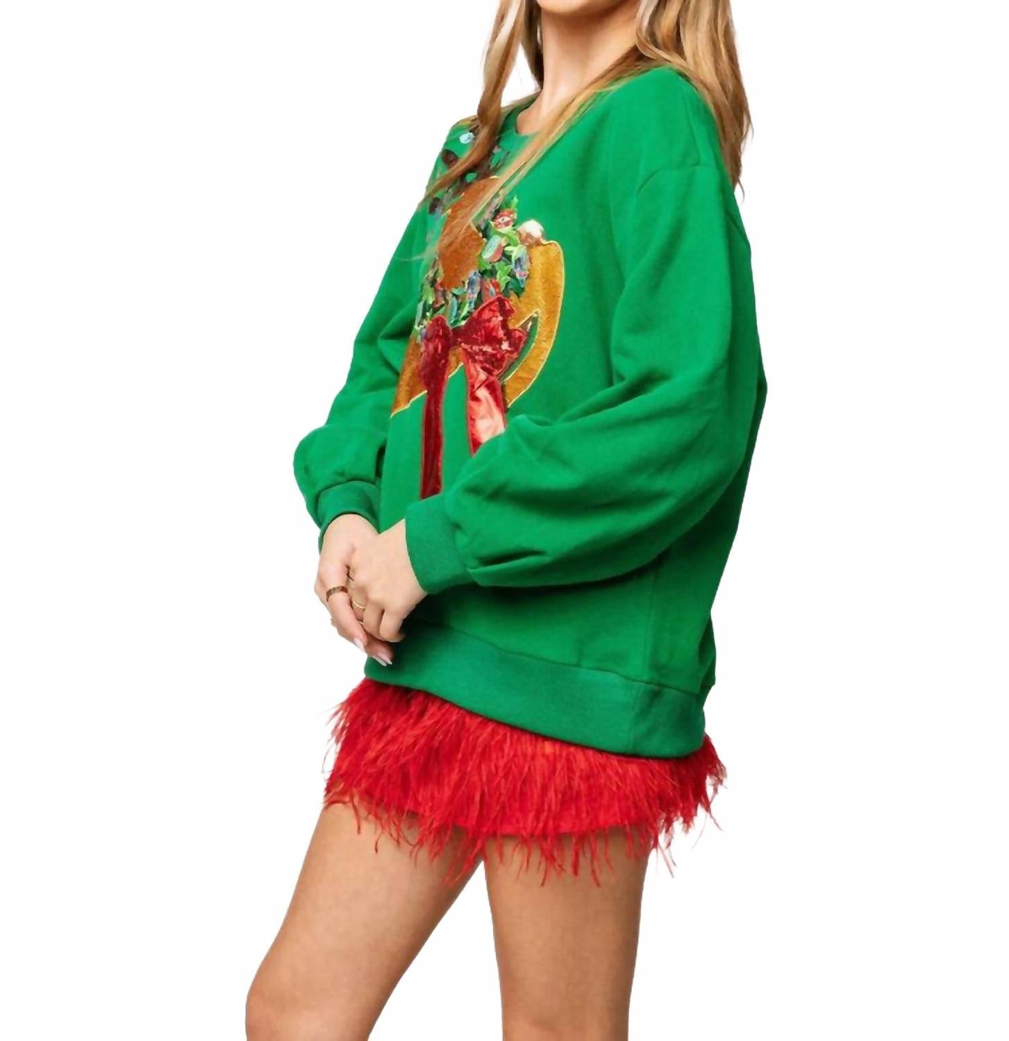 Rhinestone Rudolph Sweatshirt In Green