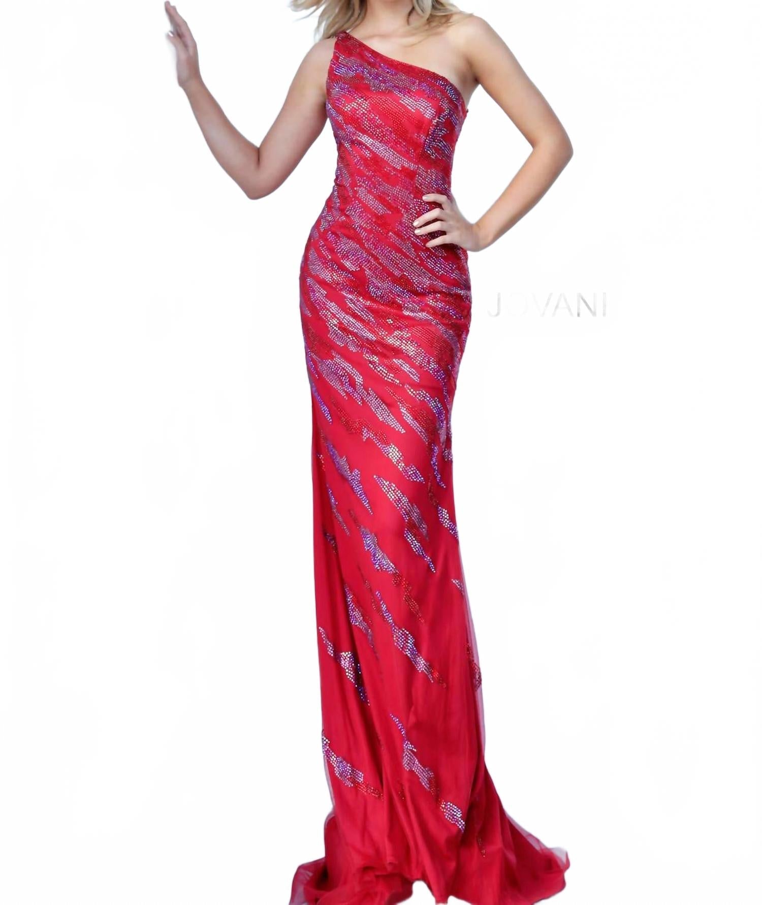 One Shoulder Sparkle Prom Dress In Red